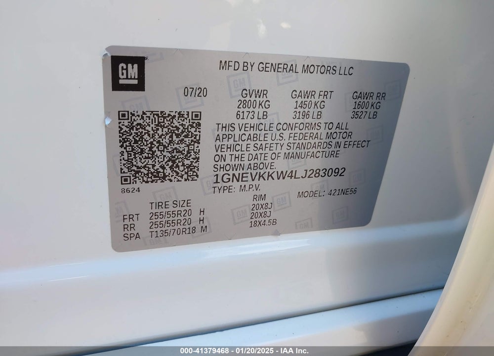 2020 CHEVROLET TRAVERSE AWD PREMIER VIN: 1GNEVKKW4LJ283092