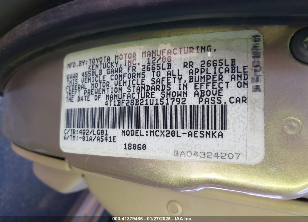 2001 TOYOTA AVALON VIN: 4T1BF28B21U151792