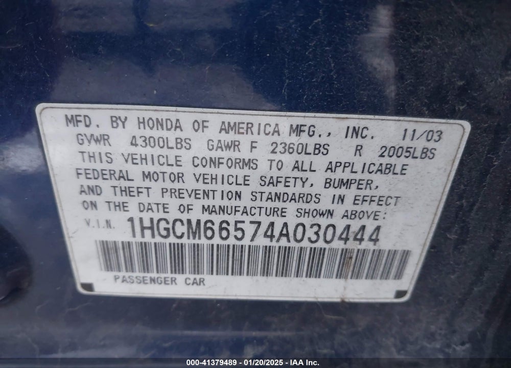 2004 HONDA ACCORD 3.0 EX VIN: 1HGCM66574A030444