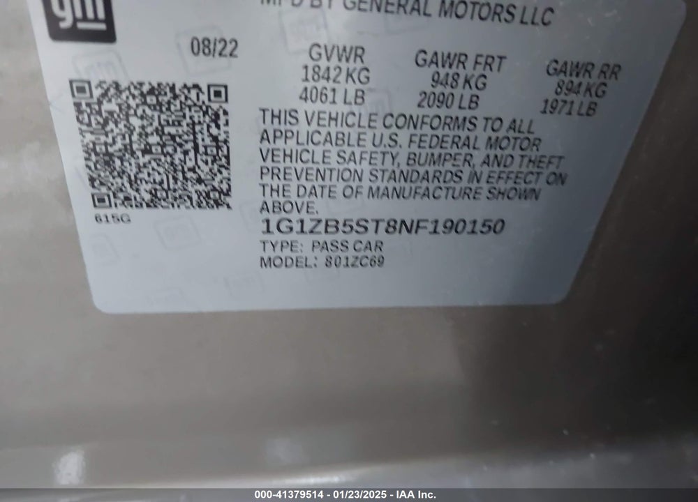 2022 CHEVROLET MALIBU FWD LS VIN: 1G1ZB5ST8NF190150