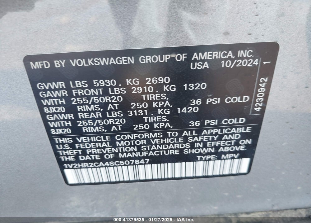 2025 VOLKSWAGEN ATLAS VIN: 1V2HR2CA4SC507847