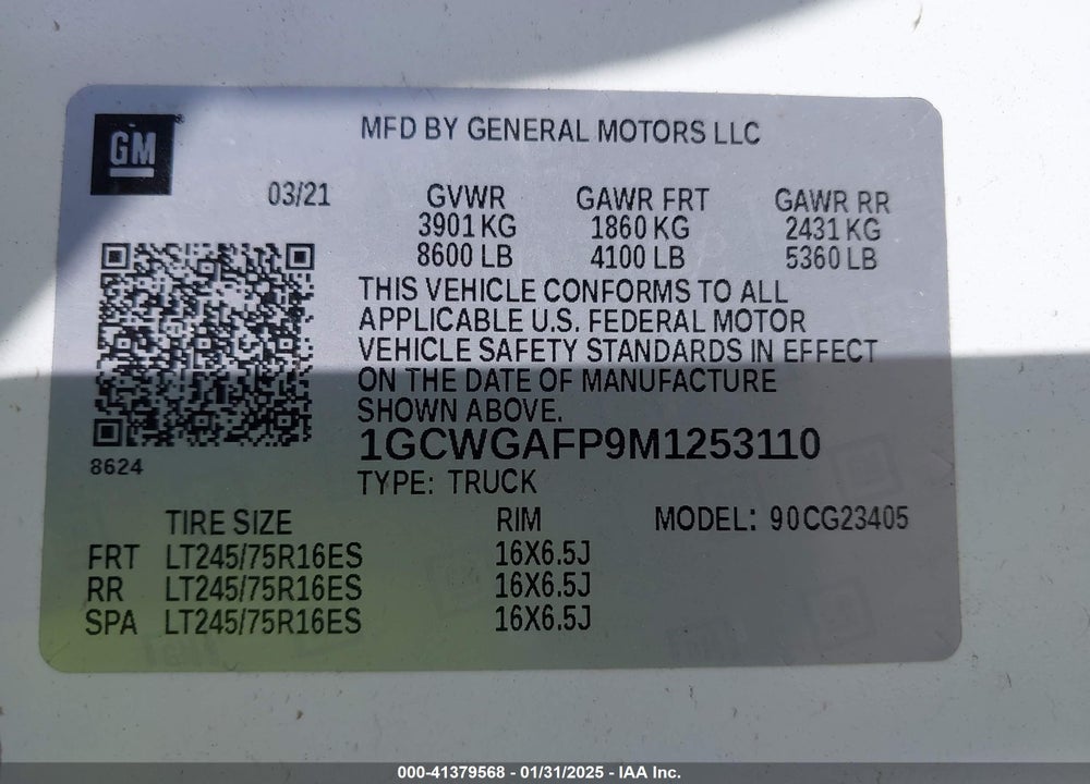 2021 CHEVROLET EXPRESS CARGO RWD 2500 REGULAR WHEELBASE WT VIN: 1GCWGAFP9M1253110