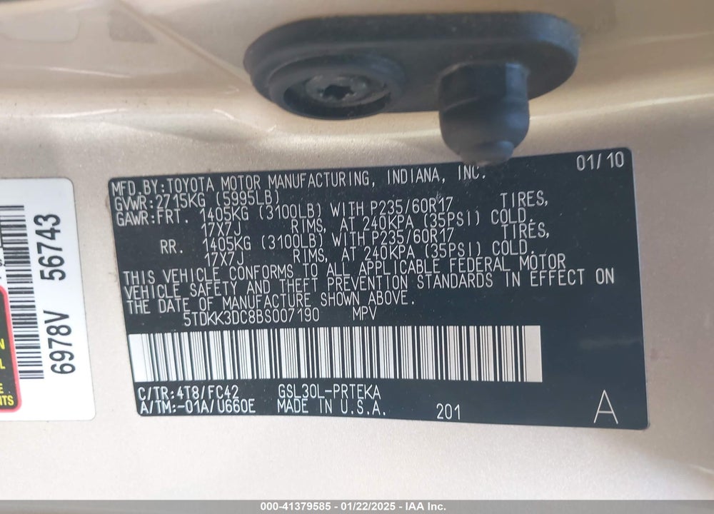 2011 TOYOTA SIENNA LE V6 VIN: 5TDKK3DC8BS007190