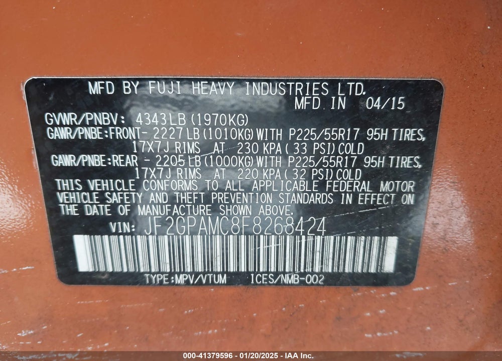 2015 SUBARU XV CROSSTREK 2.0I LIMITED VIN: JF2GPAMC8F8268424