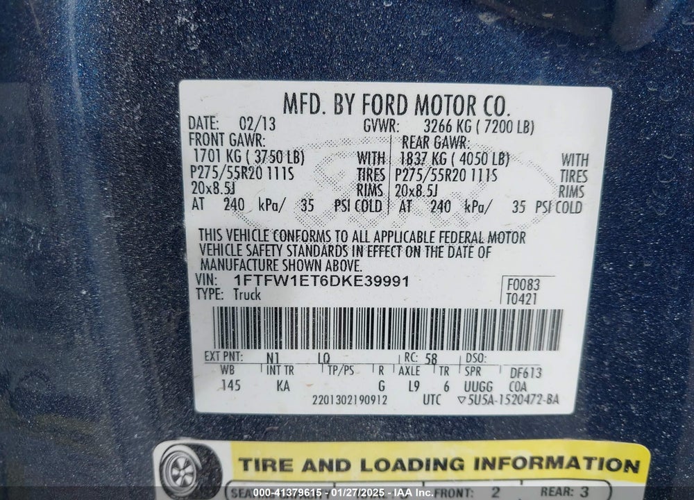 2013 FORD F-150 KING RANCH VIN: 1FTFW1ET6DKE39991