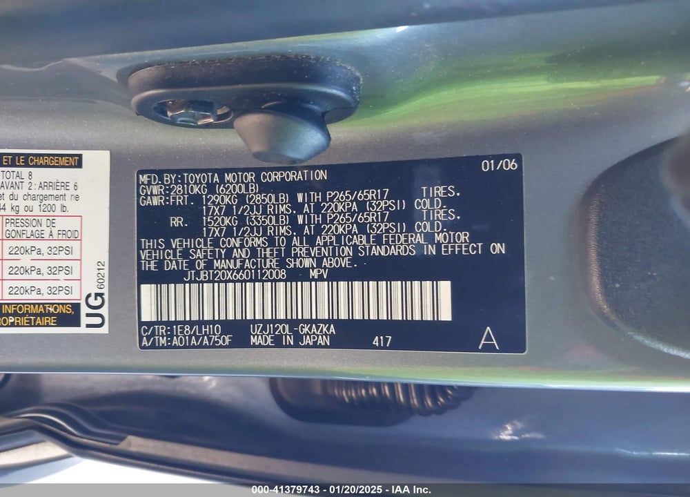 2006 LEXUS GX 470 VIN: JTJBT20X660112008