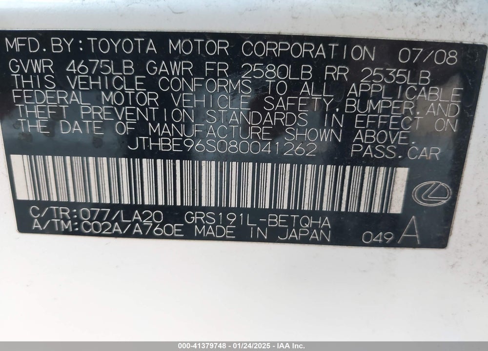 2008 LEXU GS 350 VIN: JTHBE96S080041262