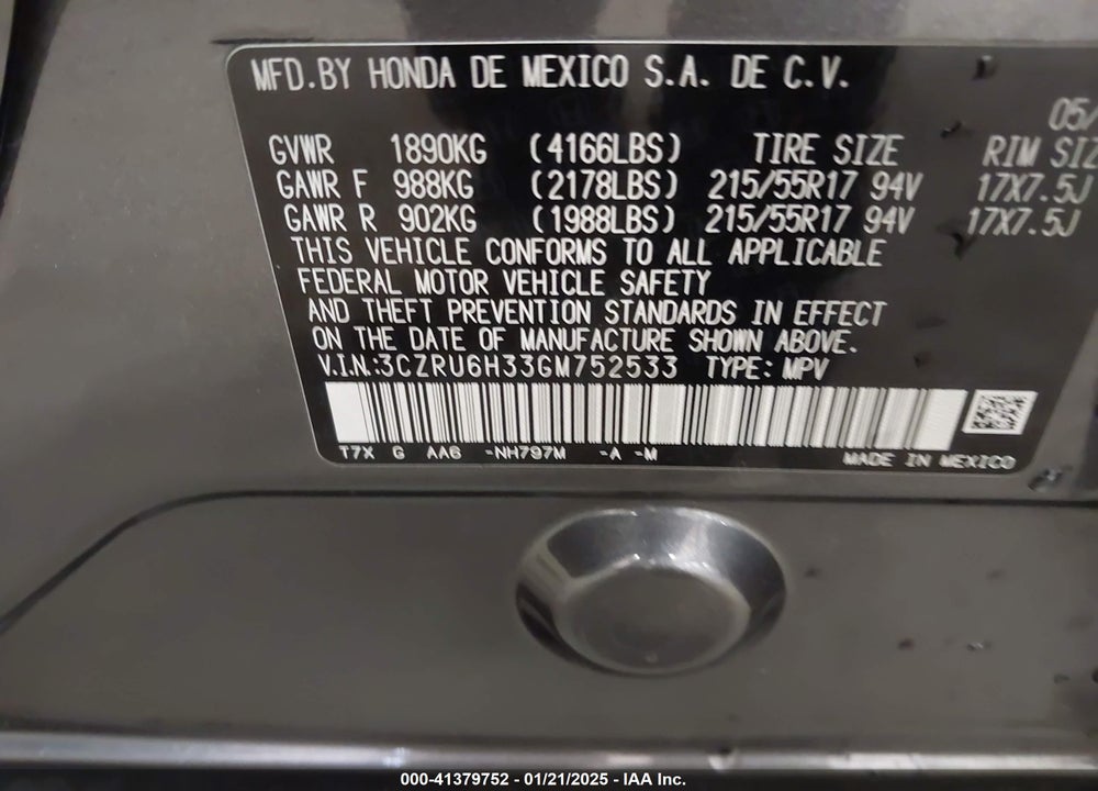 2016 HONDA HR-V LX VIN: 3CZRU6H33GM752533