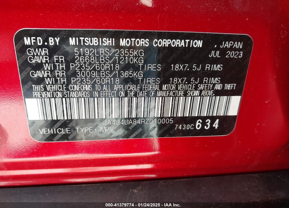 2024 MITSUBISHI OUTLANDER ES 2.5 S-AWC VIN: JA4J4UA84RZ010005