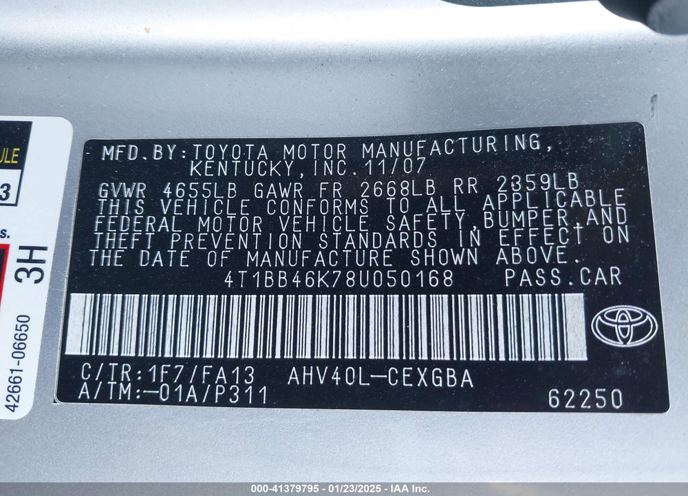 2008 TOYOTA CAMRY VIN: 4T1BB46K78U050168