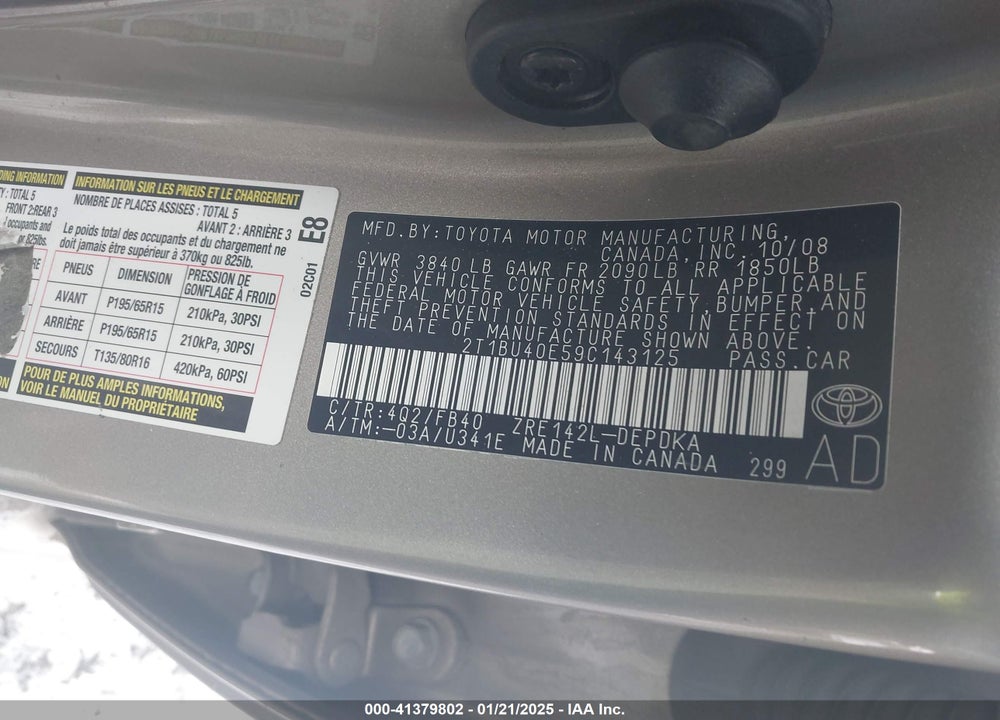2009 TOYOTA COROLLA LE VIN: 2T1BU40E59C143125