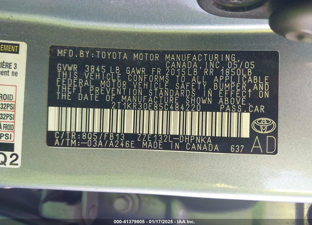 2005 TOYOTA MATRIX/XR VIN: 2T1KR30E85C484220