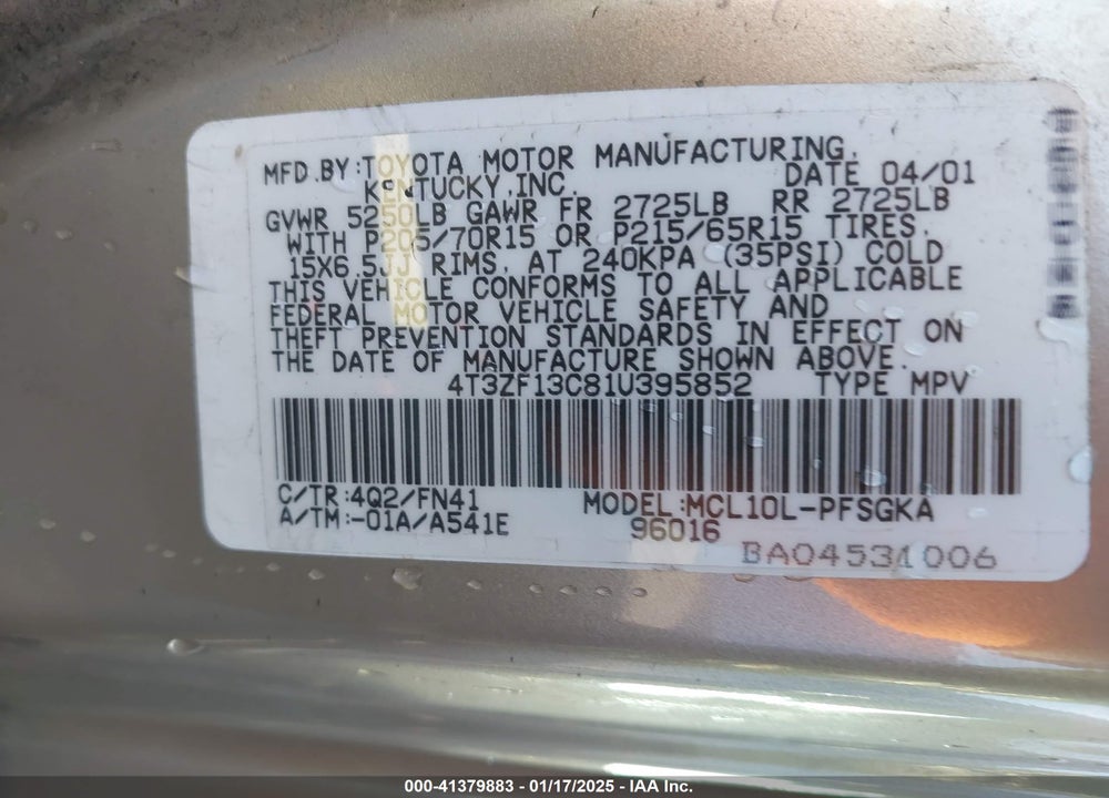 2001 TOYOTA SIENNA LE VIN: 4T3ZF13C81U395852