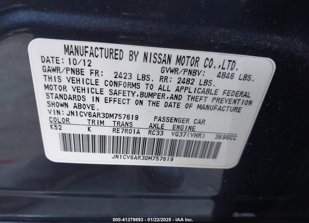 2013 INFINITI G37X VIN: JN1CV6AR3DM757619