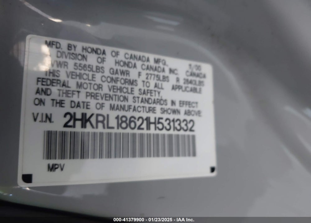 2001 HONDA ODYSSEY EX VIN: 2HKRL18621H531332