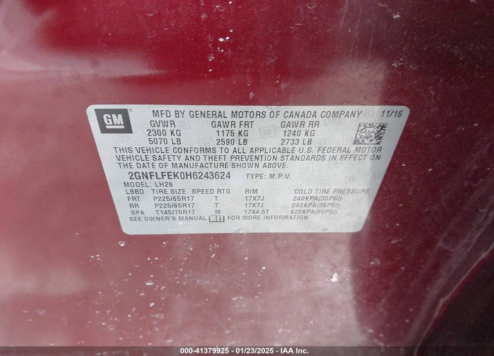 2017 CHEVROLET EQUINOX LT VIN: 2GNFLFEK0H6243624