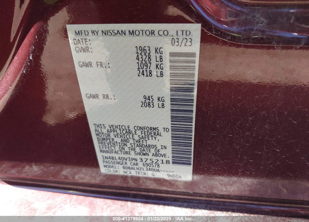 2023 NISSAN ALTIMA VIN: 1N4BL4DV3PN375218