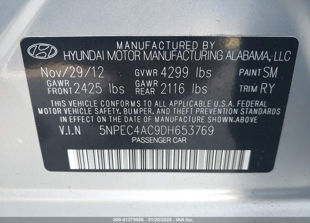 2013 HYUNDAI SONATA LIMITED VIN: 5NPEC4AC9DH653769