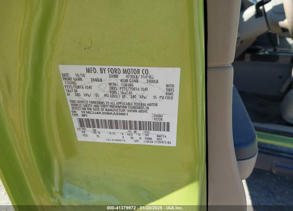 2011 FORD ESCAPE HYBRID LIMITED VIN: 1FMCU4K30BKA59861