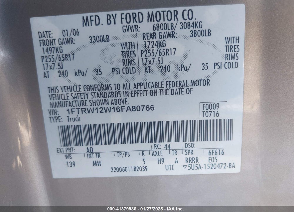 2006 FORD F-150 VIN: 1FTRW12W16FA80766