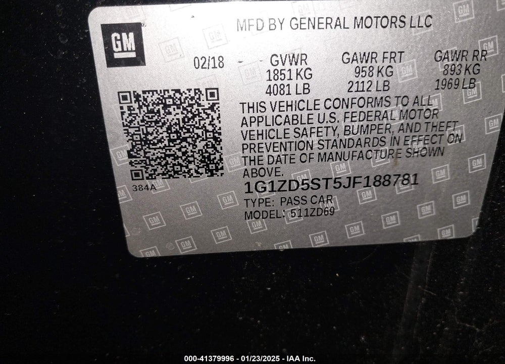 2018 CHEVROLET MALIBU LT VIN: 1G1ZD5ST5JF188781