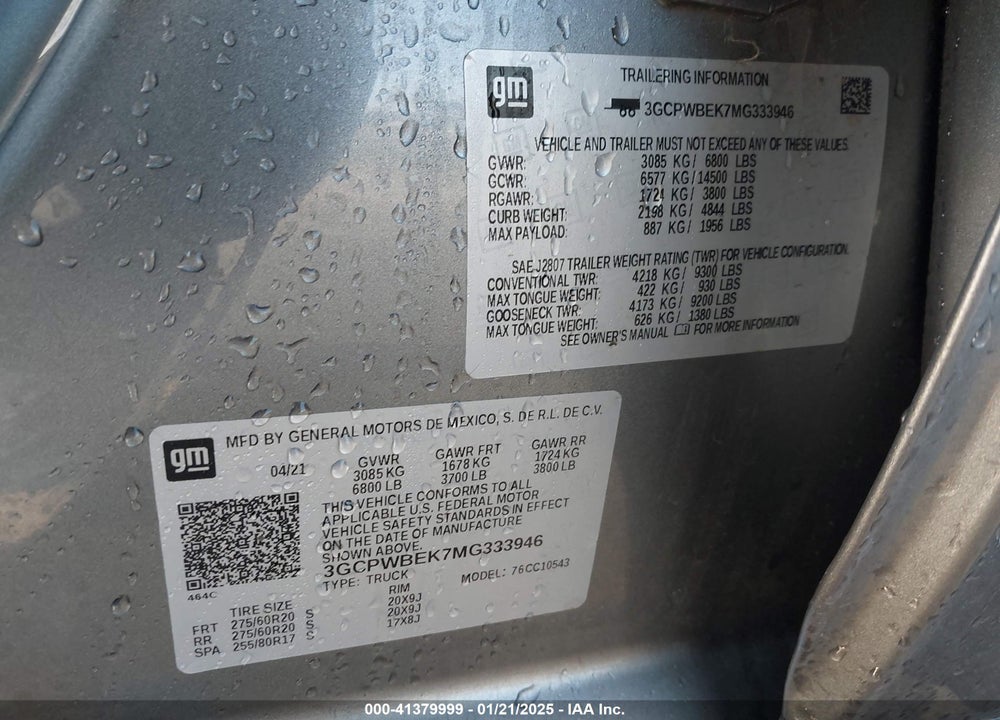 2021 CHEVROLET SILVERADO VIN: 3GCPWBEK7MG333946