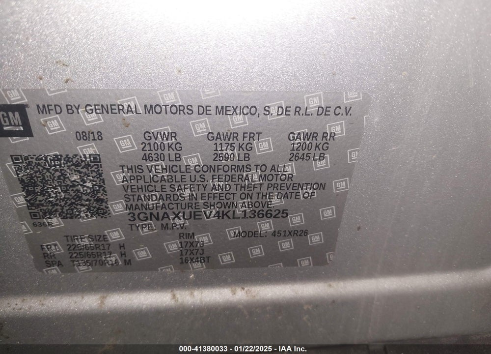 2019 CHEVROLET EQUINOX LT VIN: 3GNAXUEV4KL136625