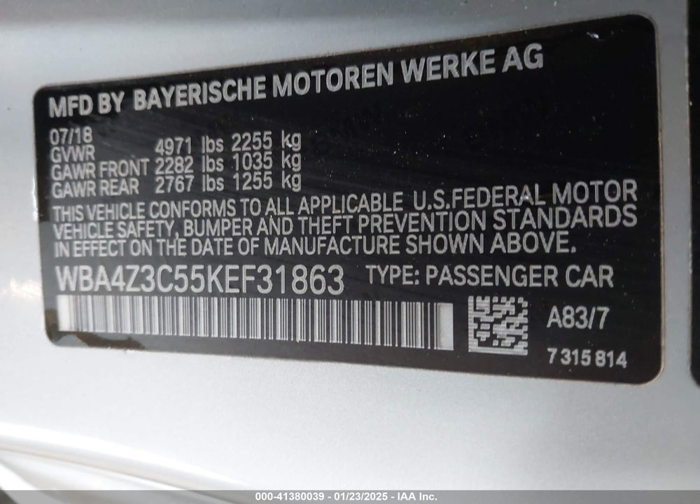 2019 BMW 430I VIN: WBA4Z3C55KEF31863