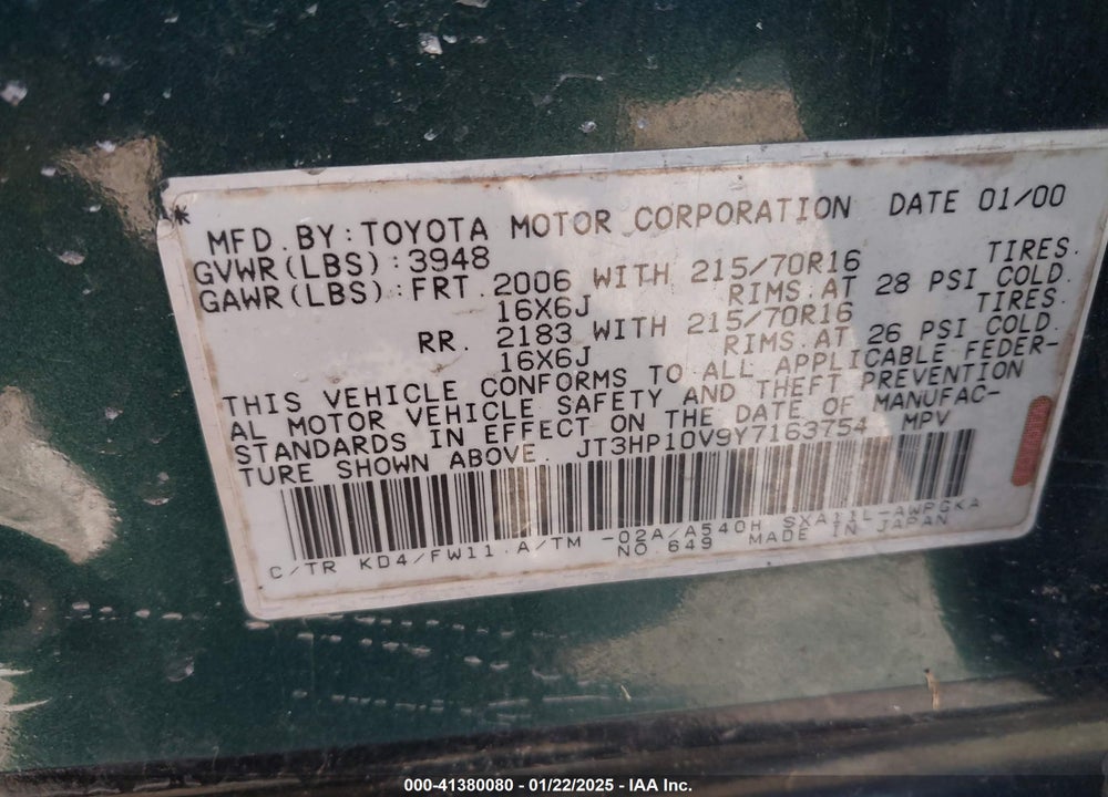 2000 TOYOTA RAV4 VIN: JT3HP10V9Y7163754
