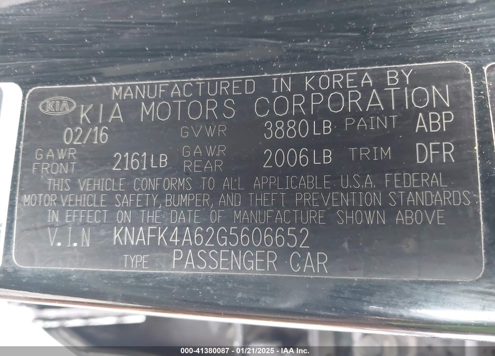 2016 KIA FORTE VIN: KNAFK4A62G5606652