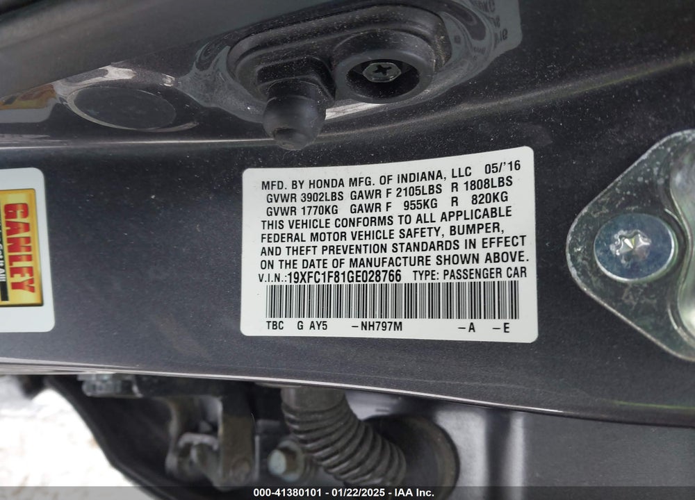 2016 HONDA CIVIC VIN: 19XFC1F81GE028766