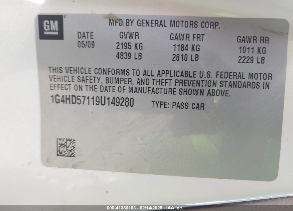 2009 BUICK LUCERNE CXL-3 VIN: 1G4HD57119U149280
