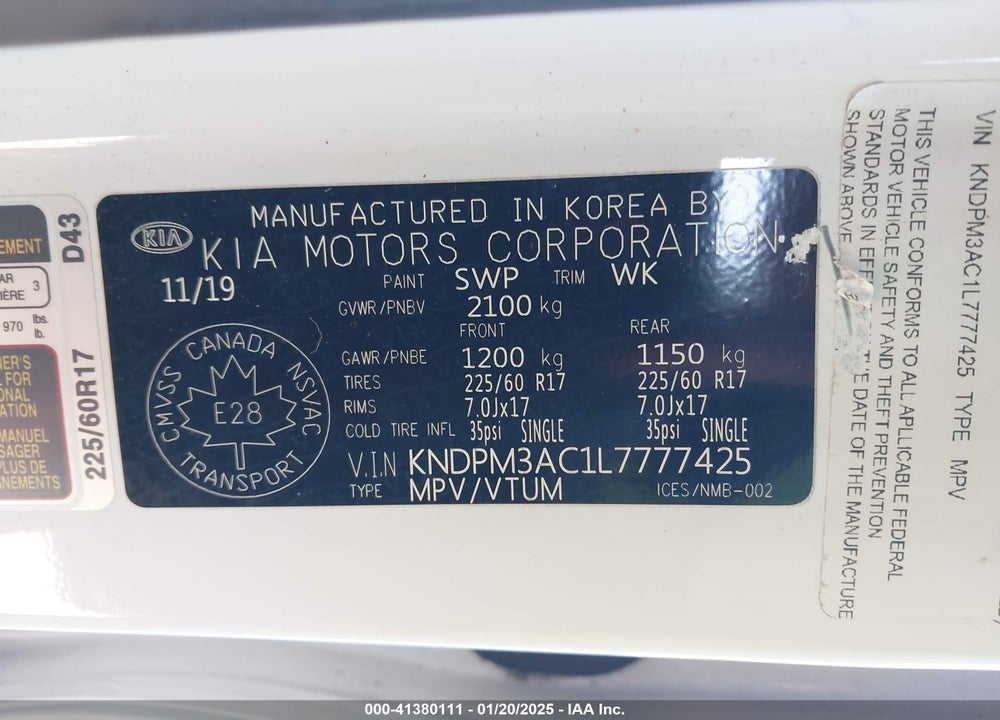 2020 KIA SPORTAGE VIN: KNDPM3AC1L7777425