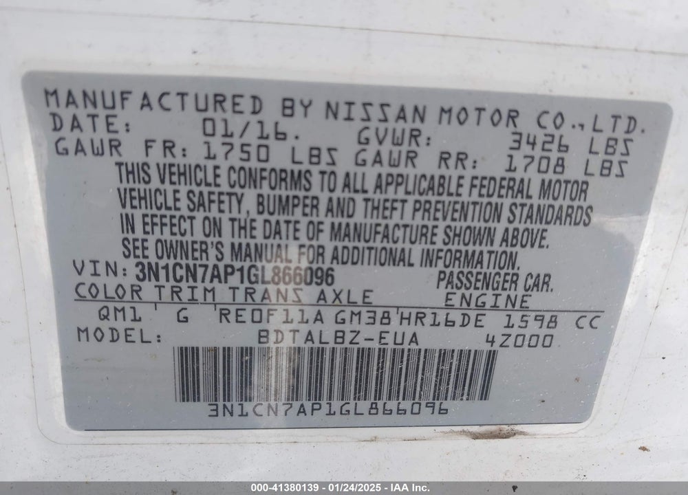 2016 NISSAN VERSA VIN: 3N1CN7AP1GL866096
