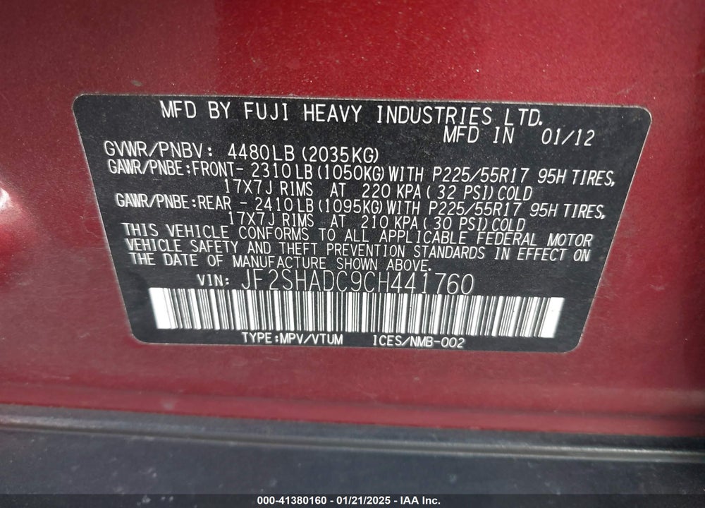 2012 SUBARU FORESTER VIN: JF2SHADC9CH441760