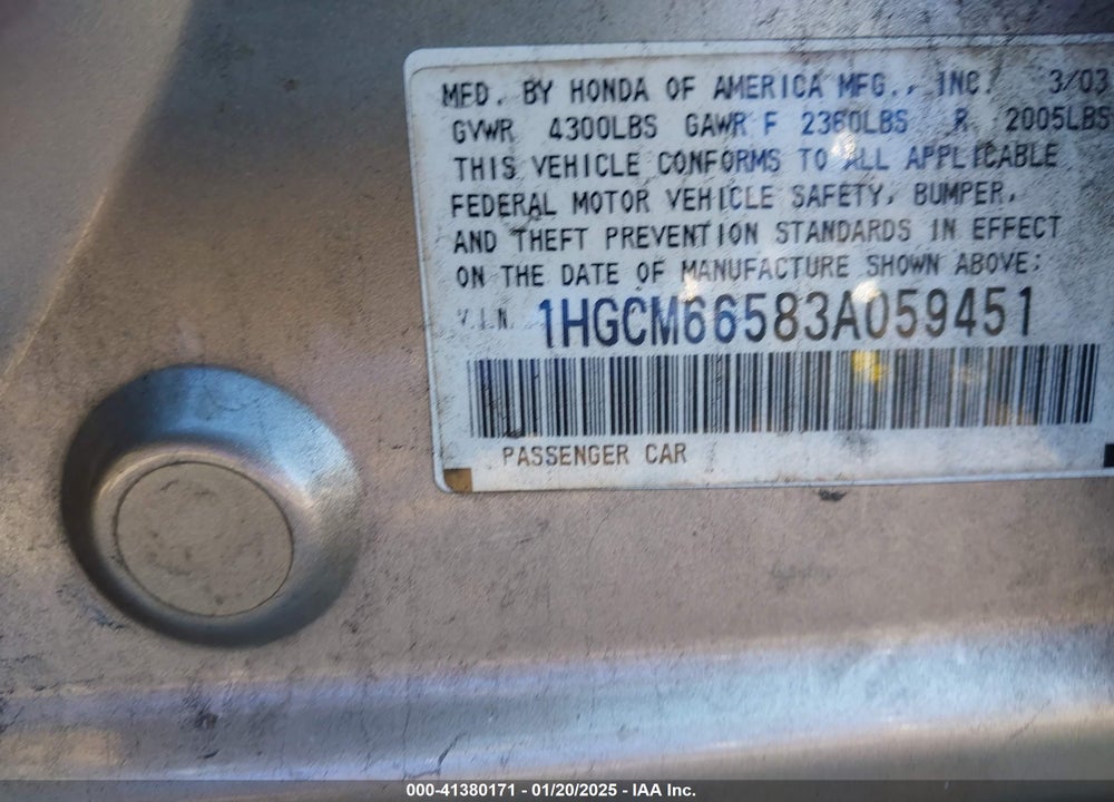 2003 HONDA ACCORD 3.0 EX VIN: 1HGCM66583A059451
