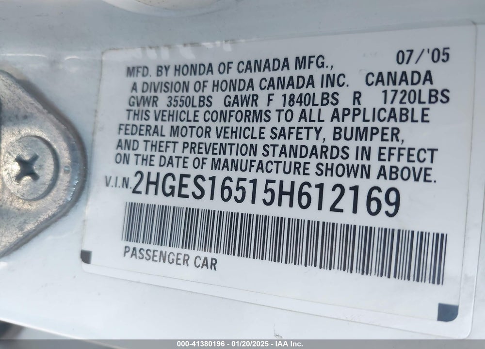 2005 HONDA CIVIC LX VIN: 2HGES16515H612169
