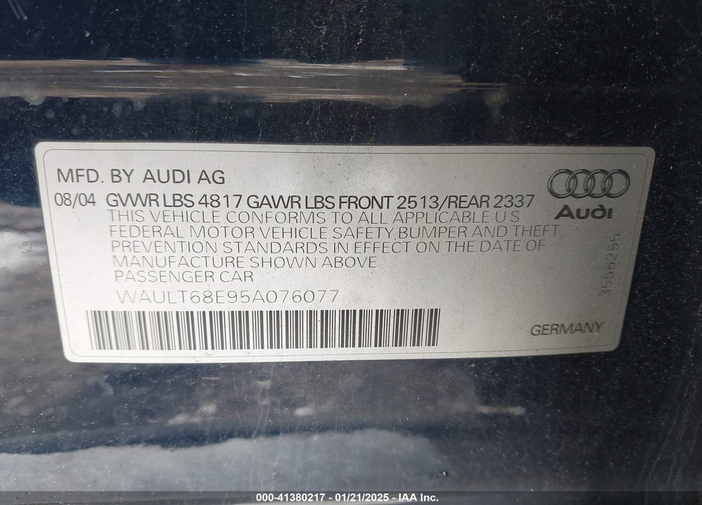 2005 AUDI A4 3.0 VIN: WAULT68E95A076077