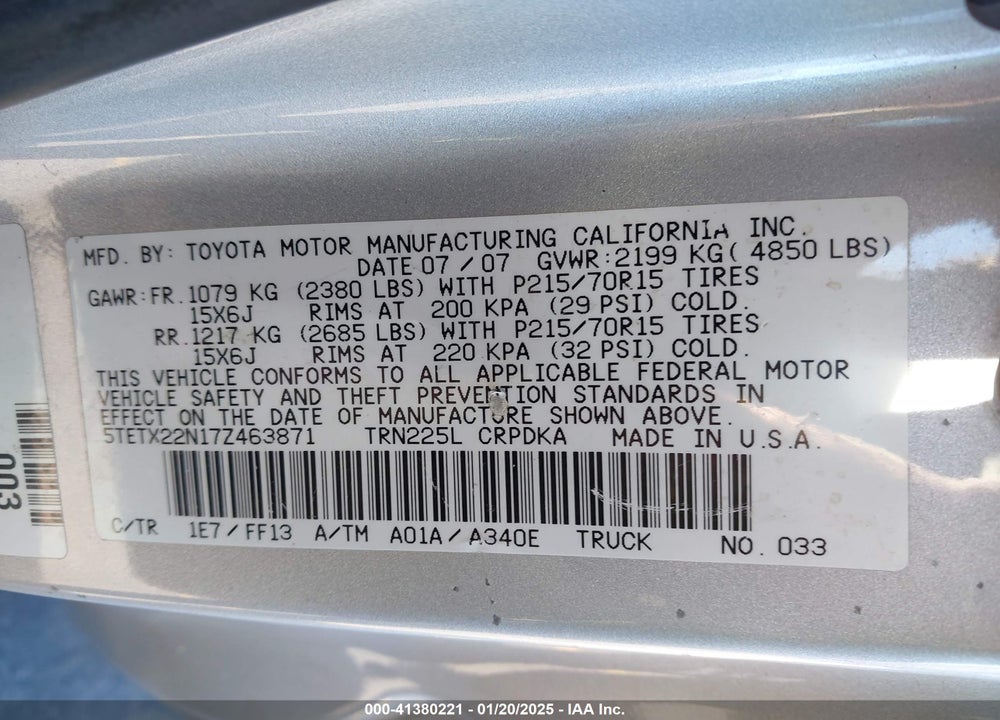 2007 TOYOTA TACOMA VIN: 5TETX22N17Z463871