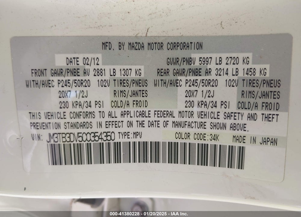 2012 MAZDA CX-9 GRAND TOURING VIN: JM3TB3DV5C0354350