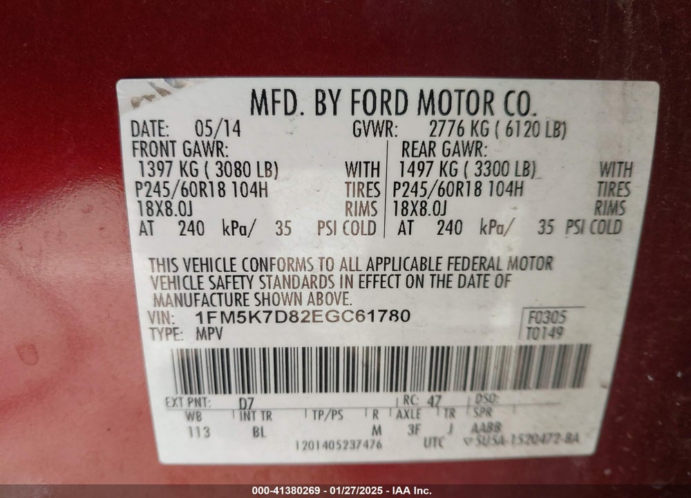 2014 FORD EXPLORER XLT VIN: 1FM5K7D82EGC61780