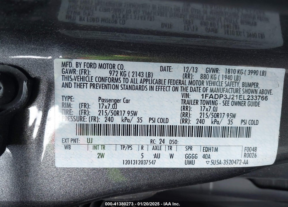 2014 FORD FOCUS VIN: 1FADP3J21EL233766