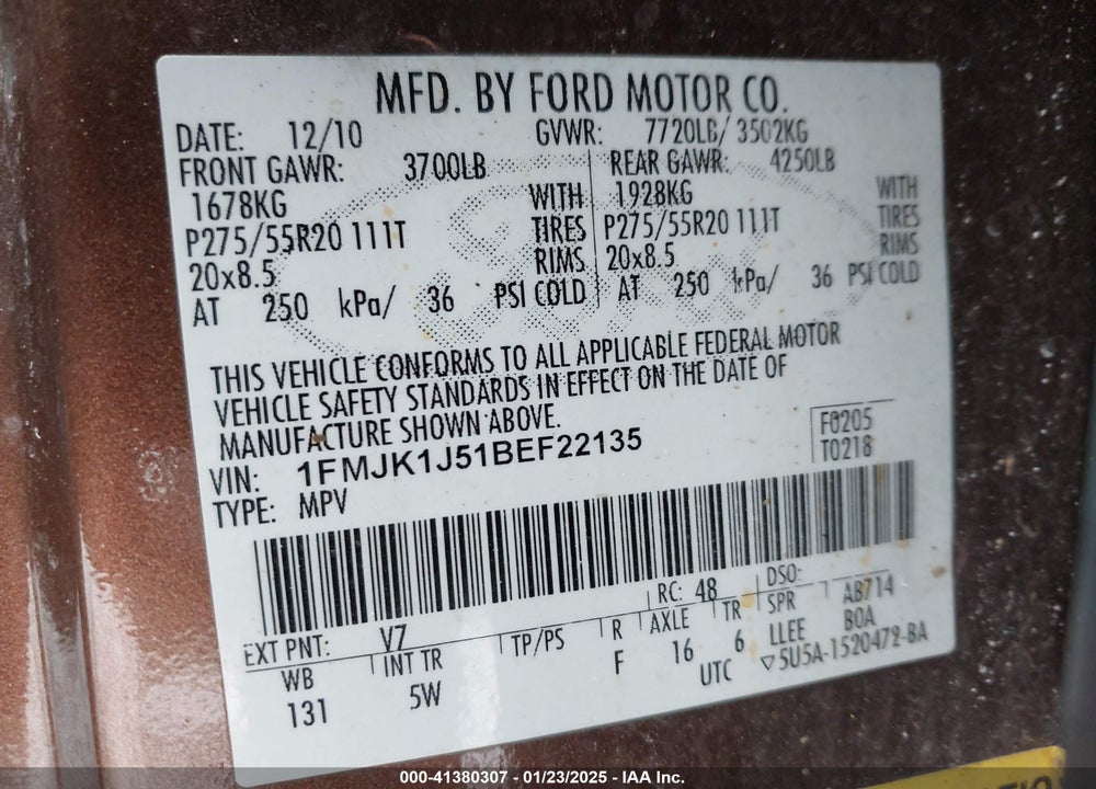2011 FORD EXPEDITION EL KING RANCH VIN: 1FMJK1J51BEF22135