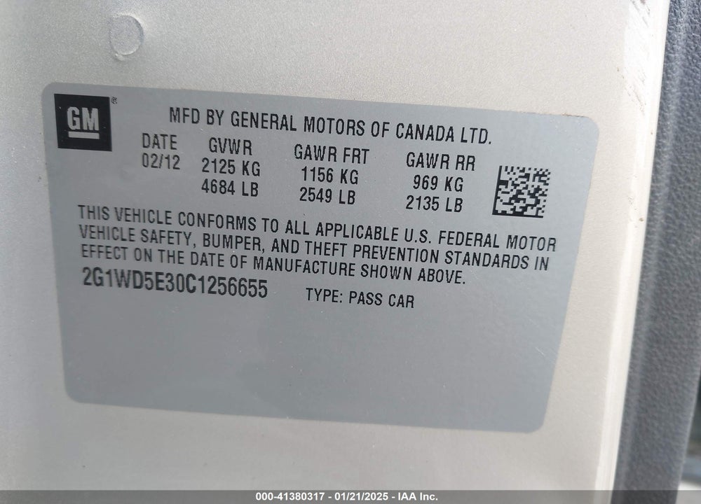 2012 CHEVROLET IMPALA VIN: 2G1WD5E30C1256655