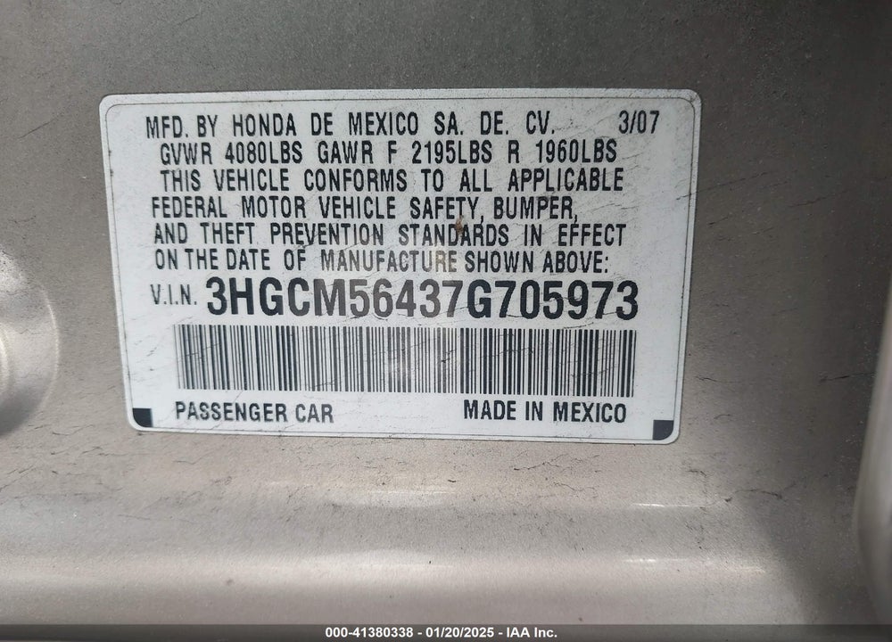 2007 HONDA ACCORD VIN: 3HGCM56437G705973