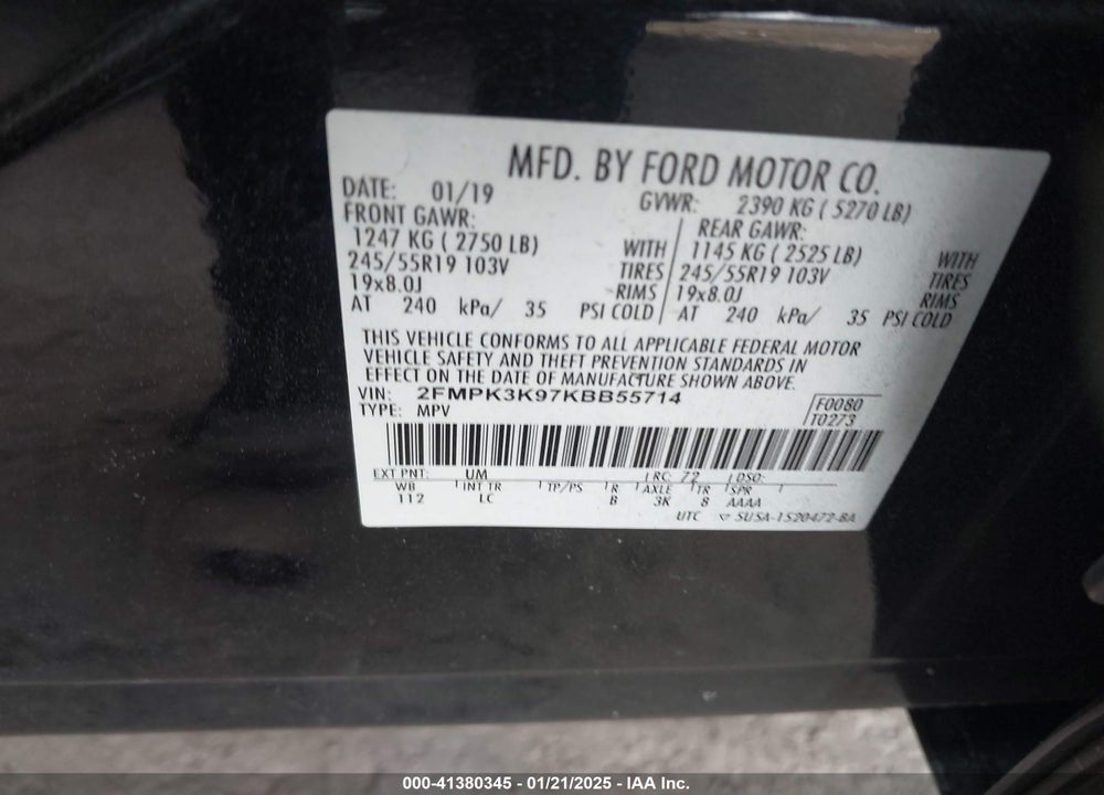 2019 FORD EDGE TITANIUM VIN: 2FMPK3K97KBB55714