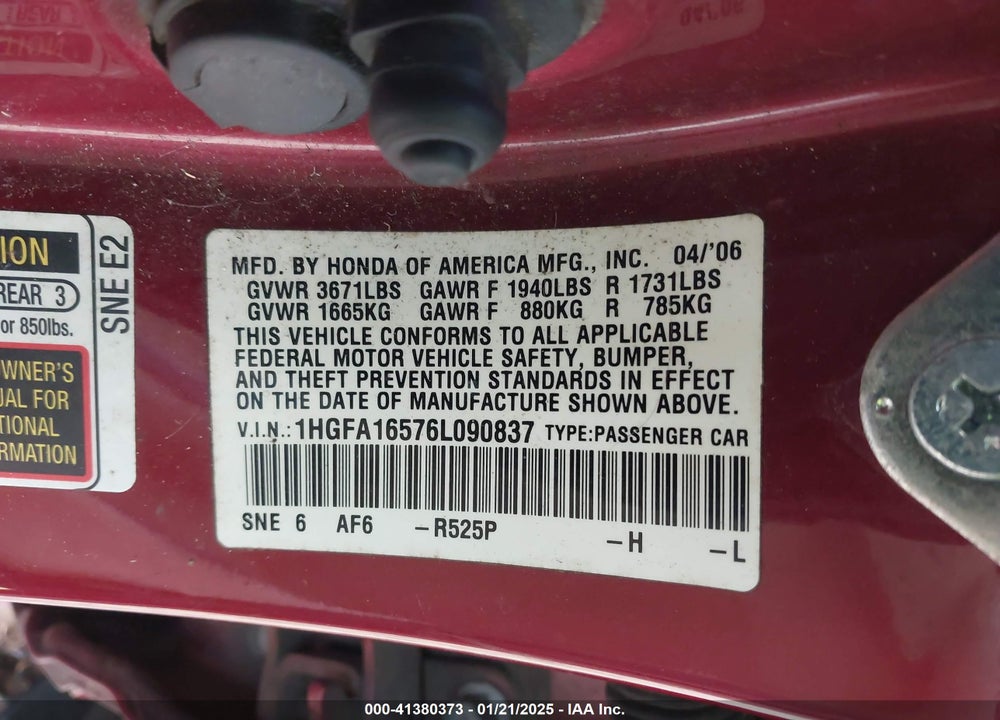 2006 HONDA CIVIC VIN: 1HGFA16576L090837