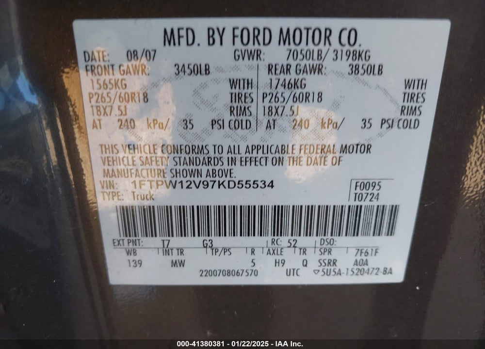 2007 FORD F-150 VIN: 1FTPW12V97KD55534