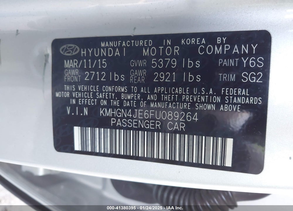 2015 HYUNDAI GENESIS 3.8 VIN: KMHGN4JE6FU089264