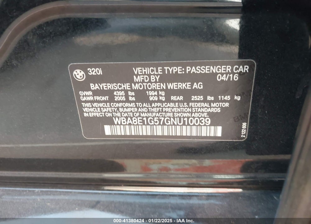 2016 BMW 320 VIN: WBA8E1G57GNU10039